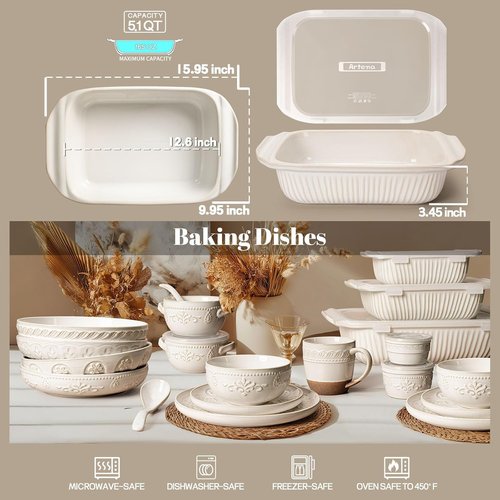 Artena Baking Dish - 5.1 Quart Casserole Dish With Handles | Deep White Ceramic Bakeware