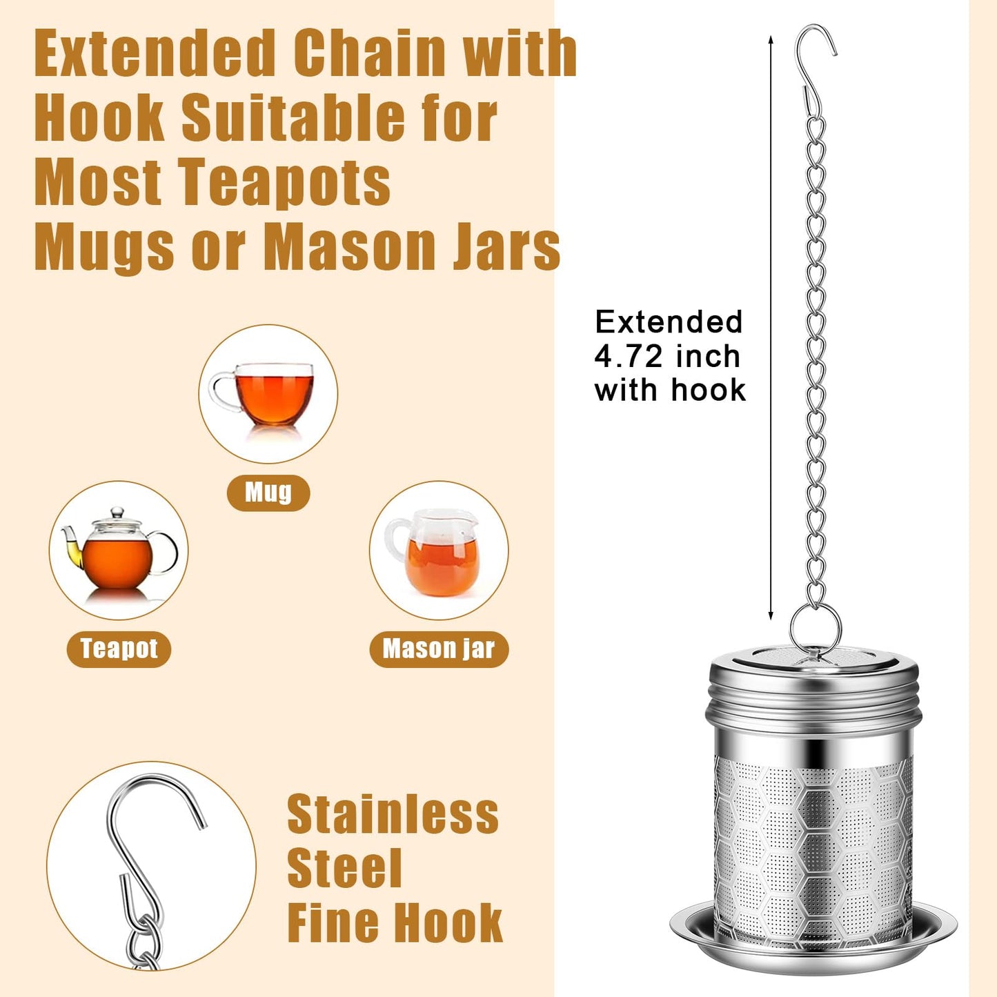 Umigy 4 Pcs Tea Infuser Tea Strainers for Loose Tea with Scoop, Extra Fine Mesh Tea Steeper 304 Stainless Steel Tea Diffuser Tea Leaf Holder with Extended Chain Hook For Brew Tea, Spices, Seasoning