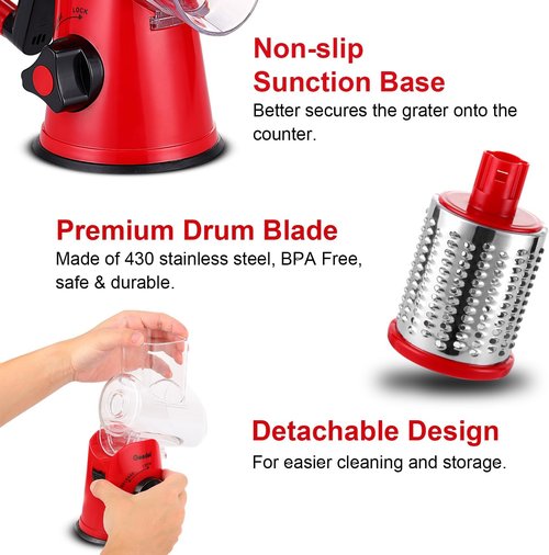 Geedel Rotary Cheese Grater - Versatile Kitchen Mandoline Slicer with 3 Blades | Easy to Clean for Fruits & Vegetables