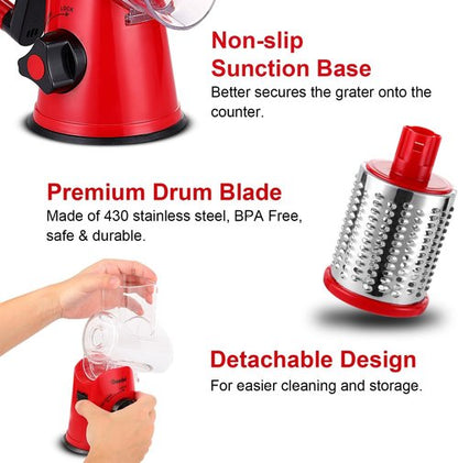 Geedel Rotary Cheese Grater - Versatile Kitchen Mandoline Slicer with 3 Blades | Easy to Clean for Fruits & Vegetables