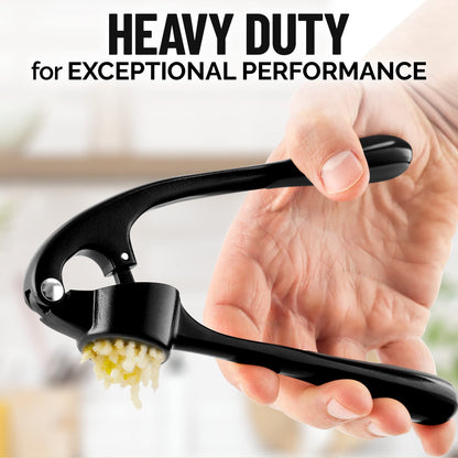 Zulay Kitchen Premium Garlic Press Set - Rust Proof & Dishwasher Safe Professional Garlic Mincer Tool - Easy-Squeeze, Easy-Clean with Soft, Ergonomic Handle - Silicone Garlic Peeler & Brush (Black)