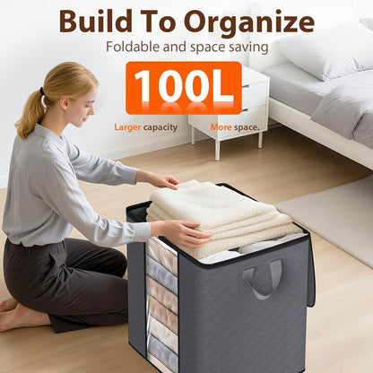 SpaceWhisper 100L Clothes Storage Bags - Foldable Thick Fabric Organizers for Bedroom & Closet | Grey, 3-Pack