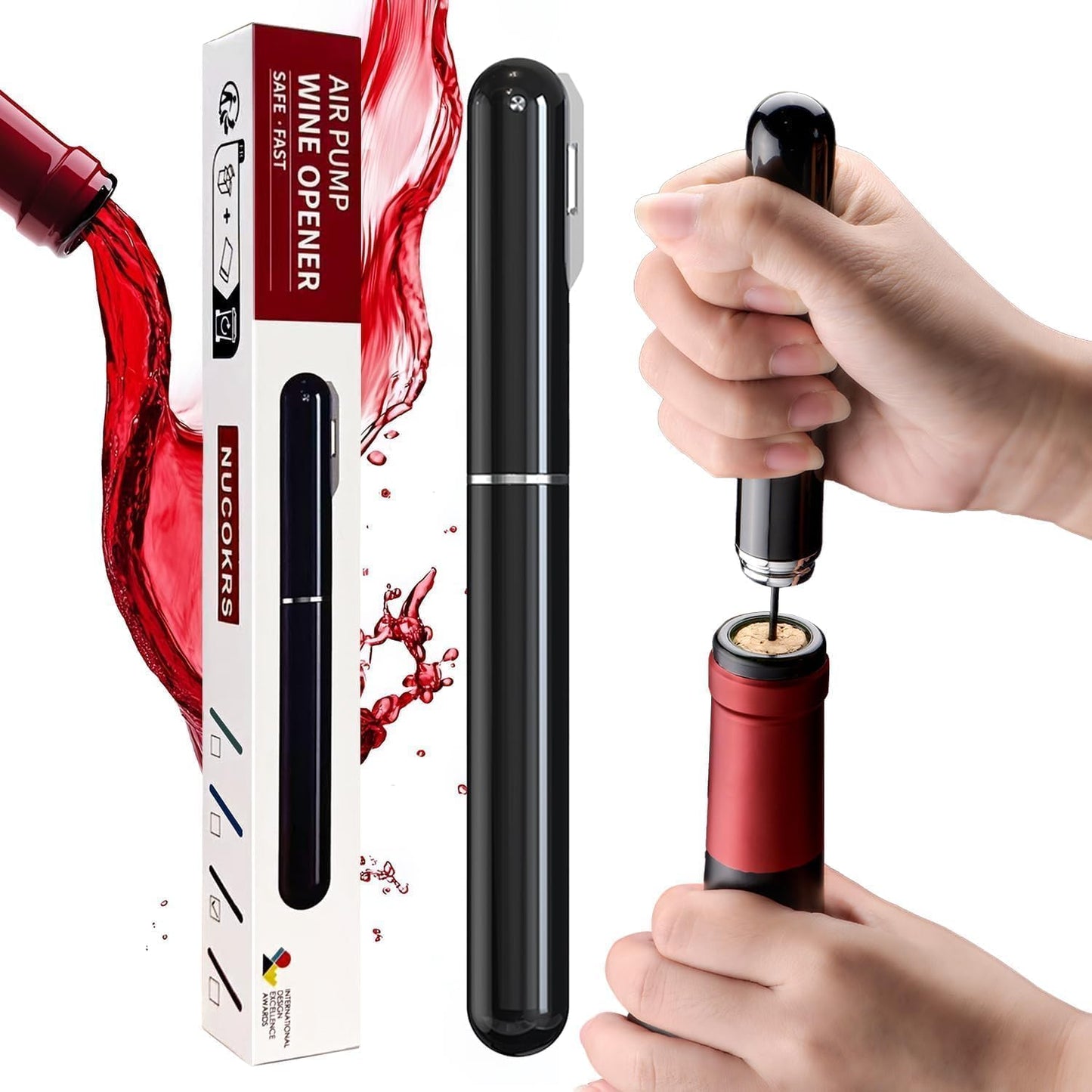 Wine Bottle Opener with Foil Cutter - NUCOKRS Air Pump Aeropop Corkscrew, Pen Style Opens in 3-7 Pumps, Effortless & No Damage to Cork, Compact Gift for Wine Lovers (Black)