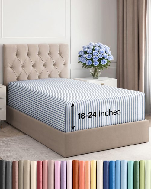 Extra Deep Twin Fitted Sheet - Hotel Luxury Single Fitted Sheet Only - Easily Fits 18 inch to 24 inch Mattress - Ultra Soft, Wrinkle Free with Extra Deep Pockets - Breathable & Comfy - Blue Stripes