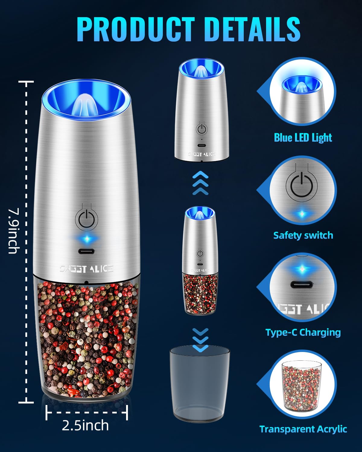 Rechargeable Electric Pepper and Salt Grinder Set, No Battery Needed, whit Gravity Sensing Switch and LED Light, One Hand Automatic Operation, Sliver 2 Pack