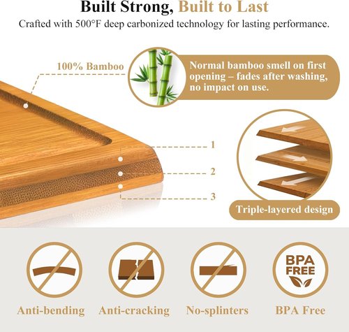 Bamboo Cutting Board Set - 2PCS Double-Sided Chopping Boards with Juice Grooves & Side Handle | Ideal for Meal Prep & Serving