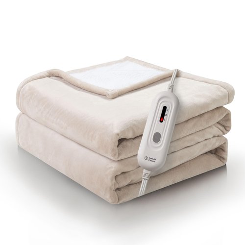 FluffyWarmth Electric Heated Blanket Full Size,72"X84" Electric Blanket Throw with 3 Heating Settings,8 Hours Auto Shut Off, Soft Flannel and Sherpa for Bed Use, Beige