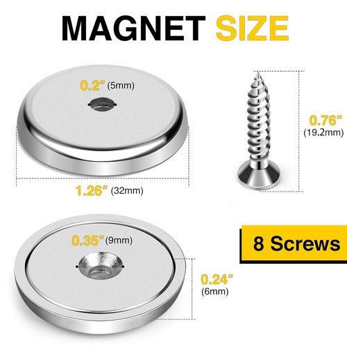 DIYMAG Strong Neodymium Magnets - 8 Pack 110LBS Silver Round Cup with Countersunk Hole & Screws | Magnetic Base for Office & Wall Mounting