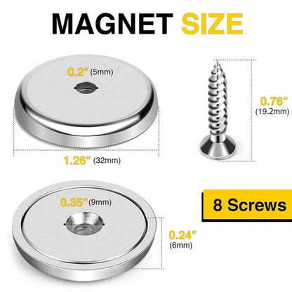 DIYMAG Strong Neodymium Magnets - 8 Pack 110LBS Silver Round Cup with Countersunk Hole & Screws | Magnetic Base for Office & Wall Mounting