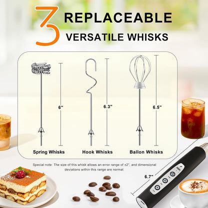 YUSWKO Handheld Milk Frother - Rechargeable Electric Whisk with 3 Heads & 3 Speeds for Lattes, Cappuccinos & More