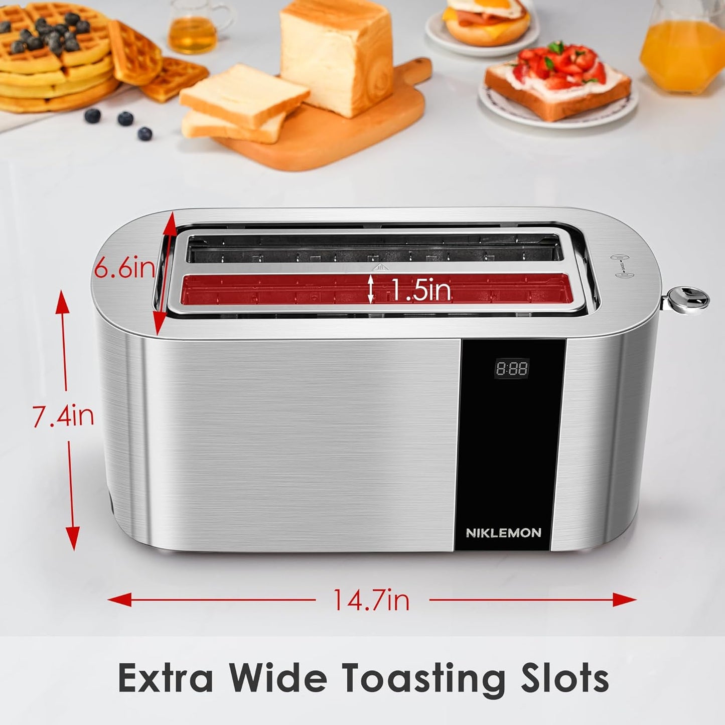 NIKLEMON 4-Slice Stainless Steel Toaster - LED Display, Touch Buttons, Extra Wide Slots, 1300W