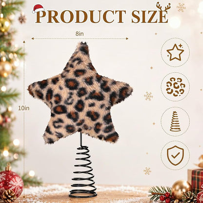 Leopard Print Tree Topper Star 8x10 Inch - Silver Metal Christmas Decoration