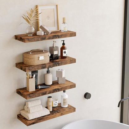 Fixwal Wood Floating Shelves - Set of 4 Rustic Brown Wall Decor with Invisible Brackets | Ideal for Bathroom, Living Room, Bedroom, Kitchen