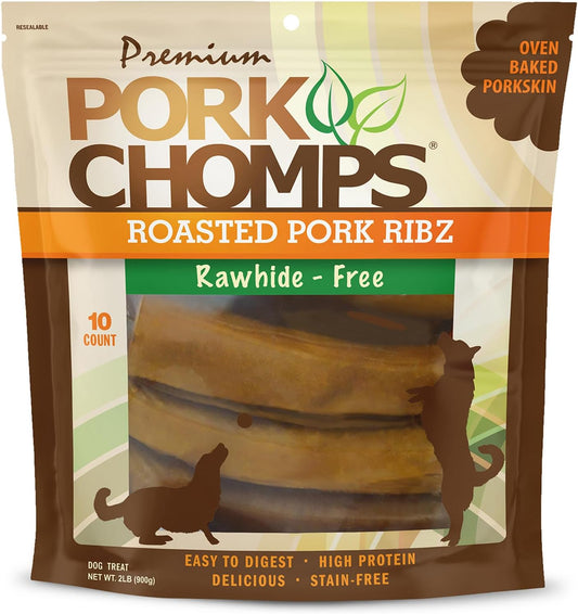 Pork Chomps Roasted Pork Skin Dog Chews - Long-Lasting, High Protein, Rawhide-Free | 6 Inch Rib Shapes, 10 Count