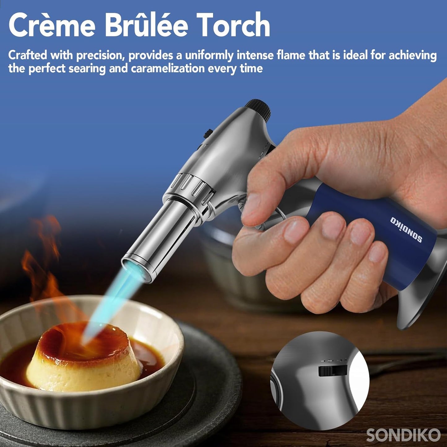 Sondiko Dual Adjustable Flame Butane Torch Lighter - Mini Blow Torch for Cooking & Crème Brûlée | Refillable with Continuous Flame Lock
