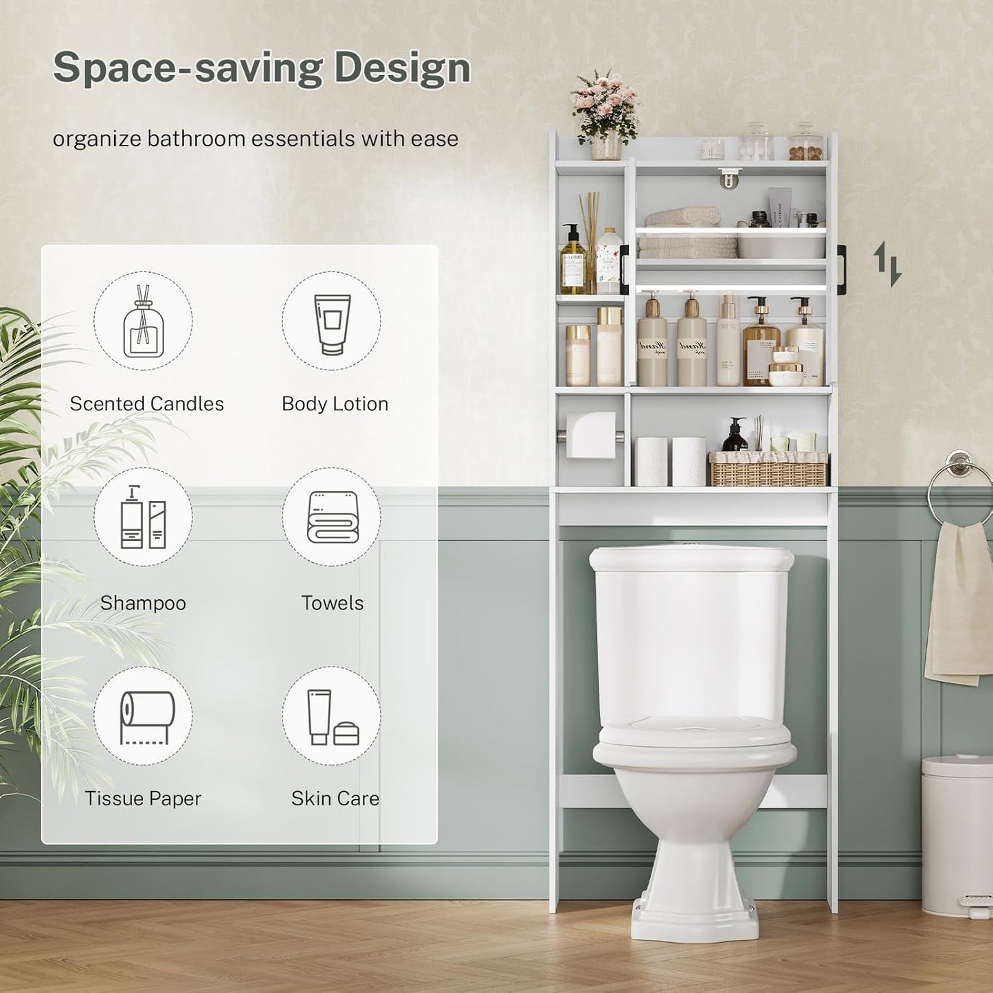 TEENFON Over The Toilet Storage Cabinet - Extra Tall Bathroom Organizer with 4 Open Shelves & 2 Barn Doors | White