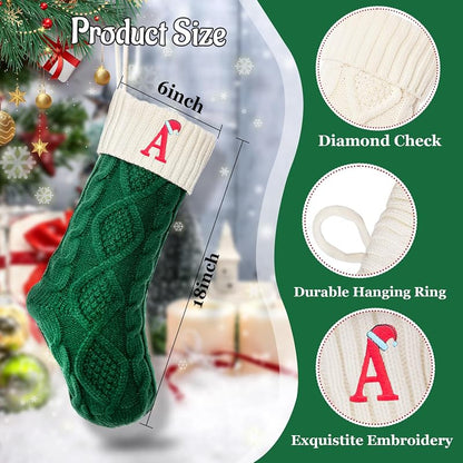 Large 18'' Embroidered Monogram Knit Christmas Stocking - Green White, Letter T