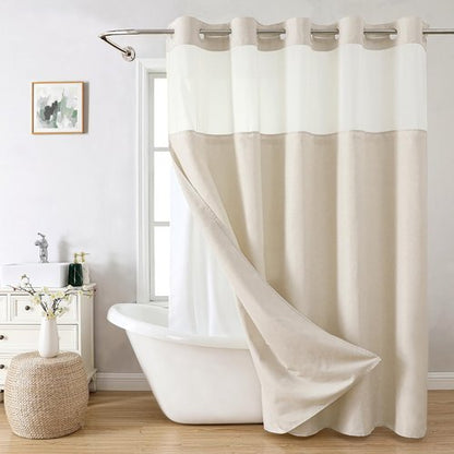 eachope No Hooks Needed Linen Textured Shower Curtain with Snap-in Fabric Liner Set,Cream Hotel Luxury Decor Shower Curtains for Bathroom,Waterproof & Washable,71Wx77H