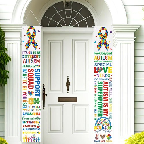 DoubleFill Autism Awareness Banners - 2 Pcs Puzzle Piece Door Decorations | Indoor/Outdoor Support Sign