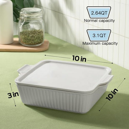 Dizada 10" Square Casserole Dish with Lid - Versatile 2.6 Qt Porcelain Bakeware for Lasagna & Cakes