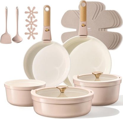 CAROTE 18-Piece Ceramic Cookware Set - Titanium Nonstick, Detachable Handles, Dishwasher Safe, Induction Compatible