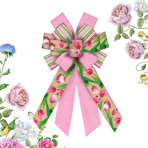 Hying Large Flower Bow - Pink Striped Burlap Craft Bow for Spring Wreaths & Easter Decor