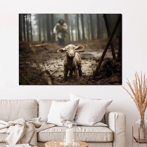 Balgardekor Jesus Canvas Wall Art - Inspirational Jesus and Lost Lamb Design | 12 x 16 Inches, Grey
