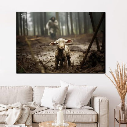 Balgardekor Jesus Canvas Wall Art - Inspirational Jesus and Lost Lamb Design | 12 x 16 Inches, Grey