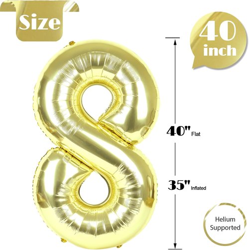 Light Gold Number 8 Balloon - 40 Inch Giant Foil Balloon for 8th Birthday Party Decorations