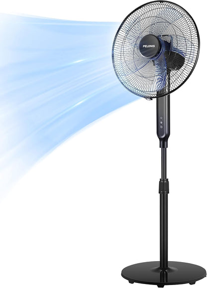 Pelonis 16" Oscillating Pedestal Fan - Ultra Quiet DC Motor, Adjustable Height, Remote Control | Black