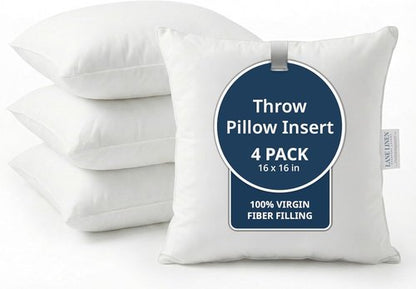 LANE LINEN 16x16 Throw Pillow Inserts - Set of 4 White Decorative Pillow Fillers for Couch & Bed