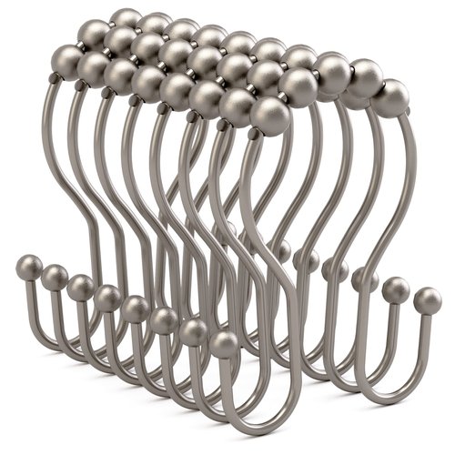 Bathway Shower Curtain Hooks Rust Proof Shower Curtain Rings, Smooth Glide Double Hook Shower Curtain Hooks,Shower Hooks for Shower Curtain Matte Nickel Shower Rod Hooks Shower Curtain Hangers 12Pcs