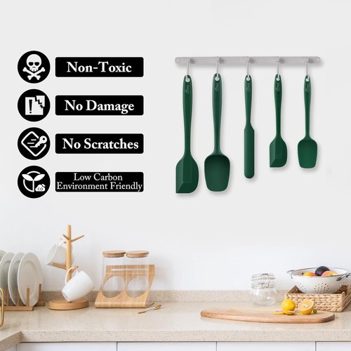 HOTEC Silicone Rubber Spatula Set - 600℉ Heat Resistant, BPA-Free, Dishwasher Safe | Dark Green, Set of 5