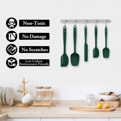 HOTEC Silicone Rubber Spatula Set - 600℉ Heat Resistant, BPA-Free, Dishwasher Safe | Dark Green, Set of 5