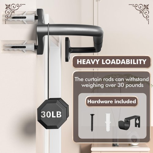 Kuianroll Curtain Rods, No Rust Adjustable Blackout Drapery Rods, 5/8 Inch Diameter Wrap Around Curtain Pole for Windows, Ideal for Bedroom, Outdoor (28-48 Inch, Black)