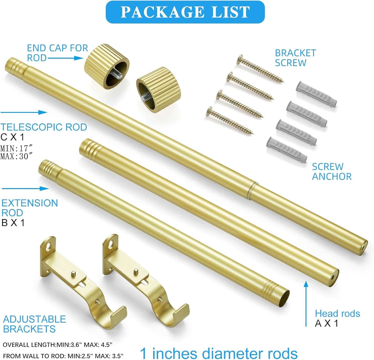 Regine Switzerland Curtain Rods - 1 Inch Diameter Drapery Rod with Gold Cylindrical Finials | Adjustable 16" to 48"