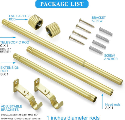 Regine Switzerland Curtain Rods - 1 Inch Diameter Drapery Rod with Gold Cylindrical Finials | Adjustable 16" to 48"