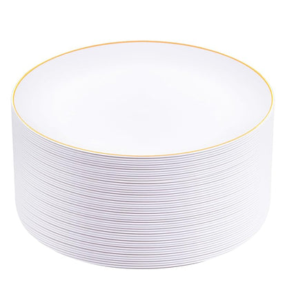White with Gold Rim 9 Inch Plastic Dinner Plates - 50 Pack, Disposable Party & Wedding Plates