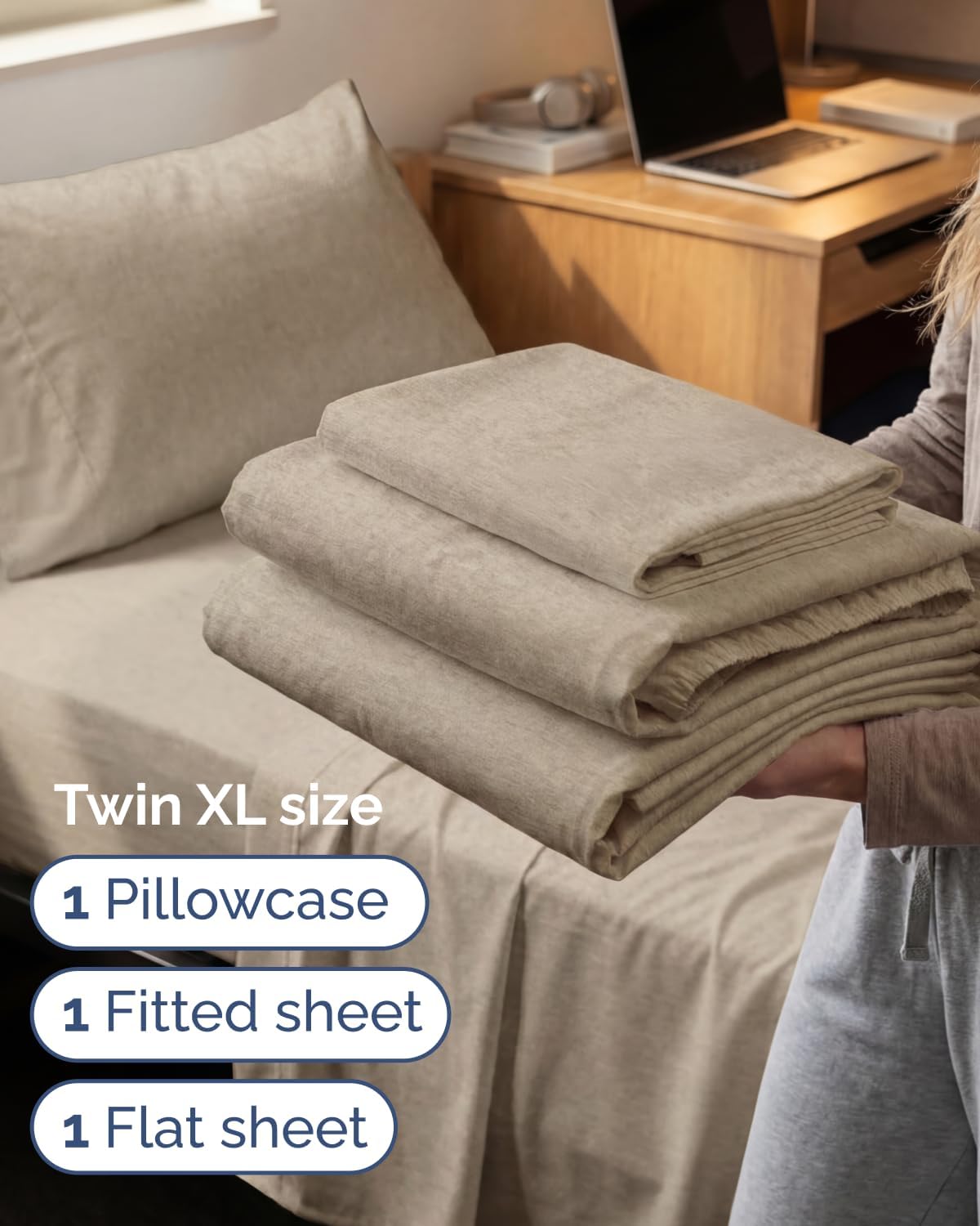 Skiennix Twin XL Sheet Set - Comfy Cooling 3-Piece Bedding - Luxury Hotel Quality - Deep Pockets, Wrinkle-Free, Beige