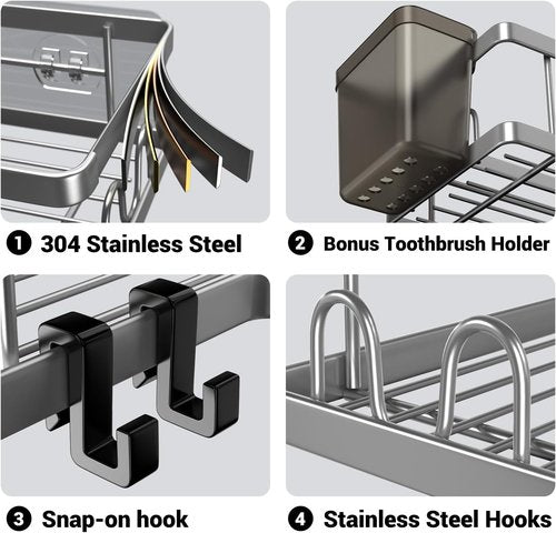 AKTECKE Corner Shower Caddy - 2 Pack Adhesive Bathroom Organizer with No-Drill Stainless Steel Rack & Hooks