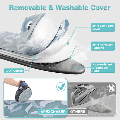 APEXCHASER Foldable Ironing Board - Full Size with Heat Resistant Cover & 7-Lever Height Adjustment | 14x54, Blue