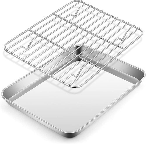 E-far Stainless Steel Baking Pan Set - 10.5”x8.3” Toaster Oven Tray with Wire Rack for Broiling & Roasting