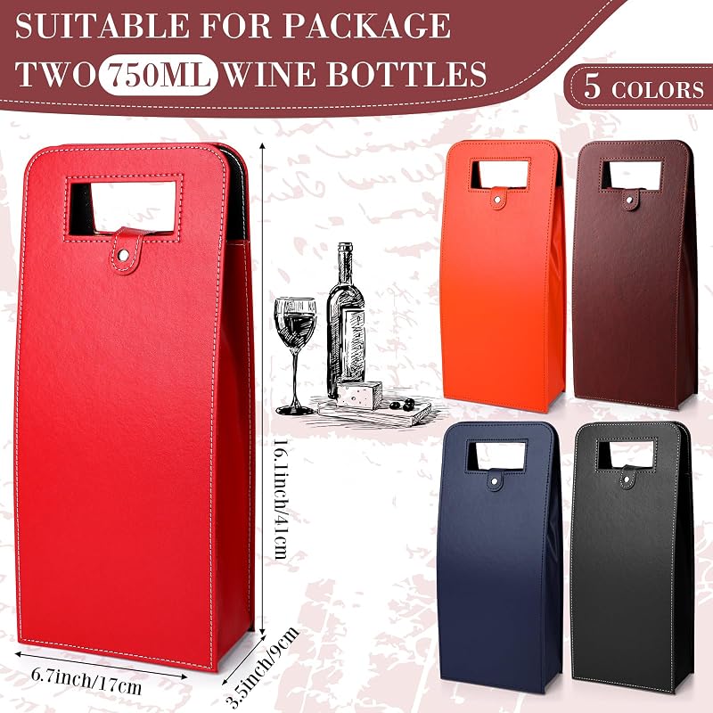 FillTouch 10 Pcs Double Wine Tote Bags - Multicolor PU Leather Wine Carrier Set (2 Per Color)