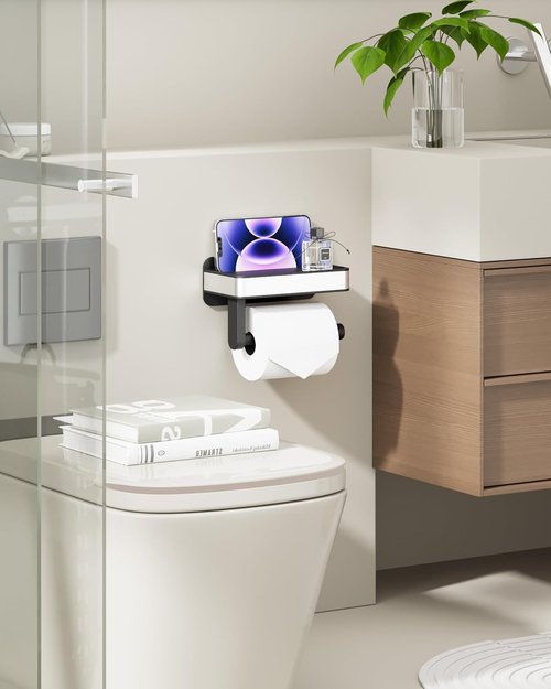 Kitsure Toilet Paper Holder - Matte Black Adhesive & Screw Wall Mount with Shelf | Space-Saving Design, 7.1" W