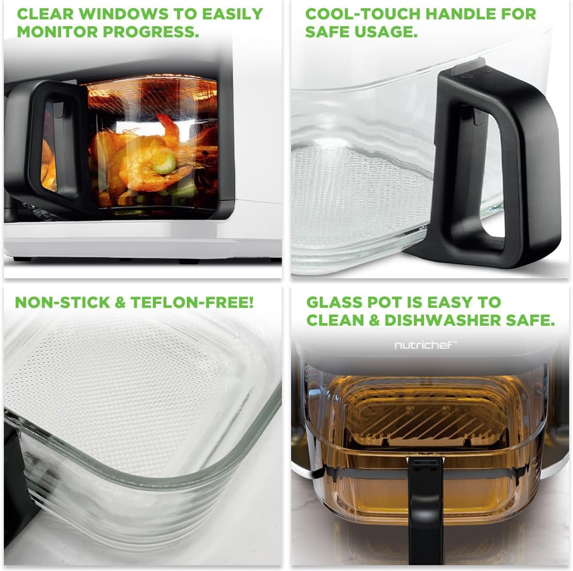 Nutrichef 5.8 Quart Air Fryer - 8-in-1 Cooking Modes | Transparent Fry Bowl for Perfect Results | White