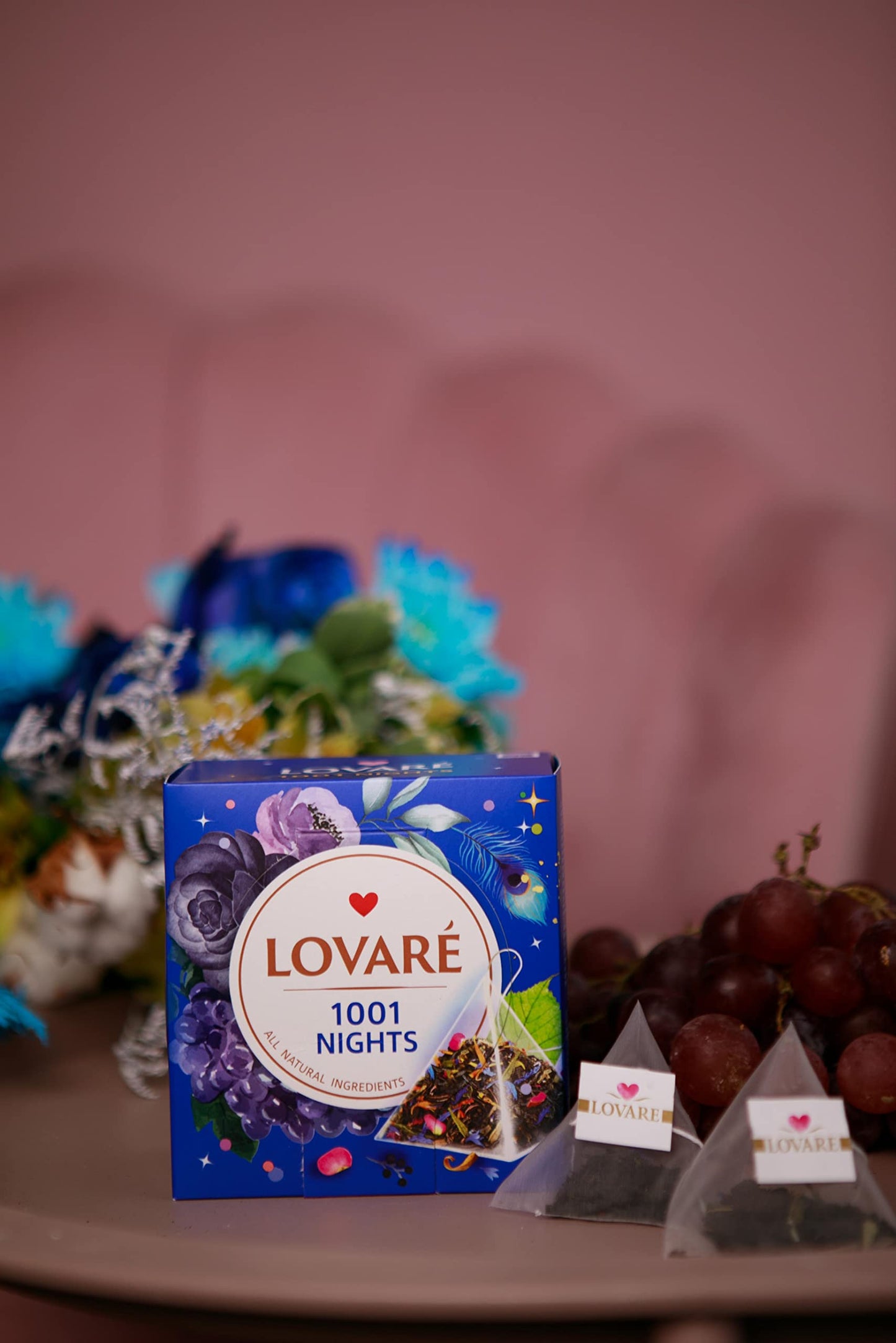 LOVARE Assorted Tea Variety Pack of 60 Pyramids - Made in Ukraine - Set of 4 Pyramid Tea Bags Boxes – 1001 Nights, Strawberry Marshmallow, Champagne Splashes, Berry Jam - Flavored Tea Pyramid Bags