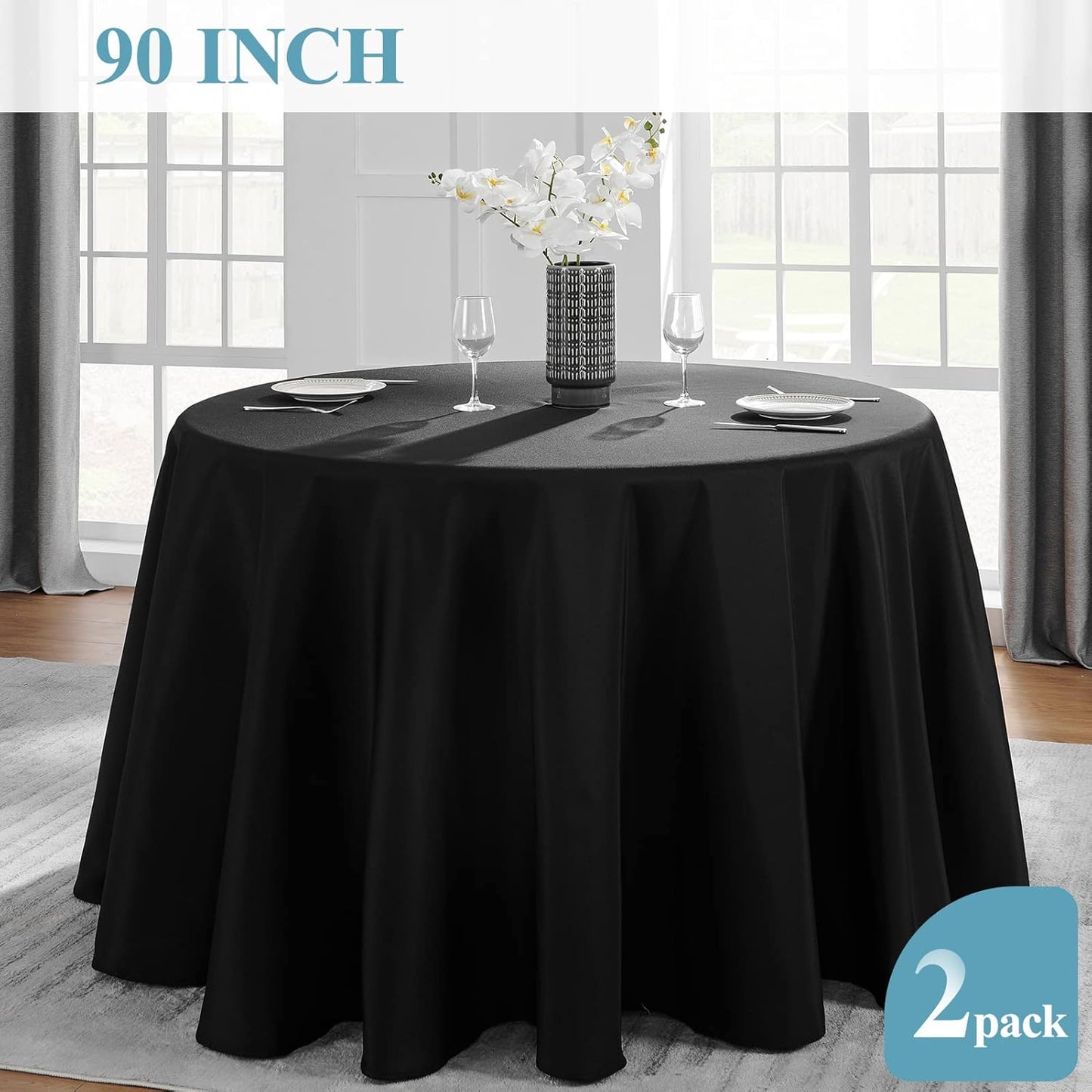VidaFete Round Tablecloth - 90-Inch Stain Resistant Polyester Cover for Dining & Events | Black