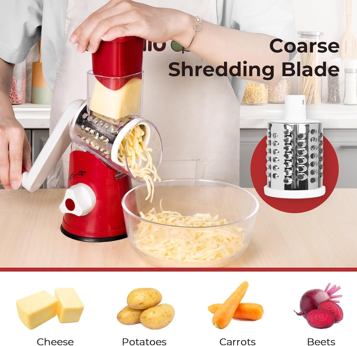 X Home Rotary Cheese Grater - Versatile Kitchen Shredder with 3 Blades & Suction Base | Easy to Clean, Red
