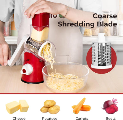 X Home Rotary Cheese Grater - Versatile Kitchen Shredder with 3 Blades & Suction Base | Easy to Clean, Red