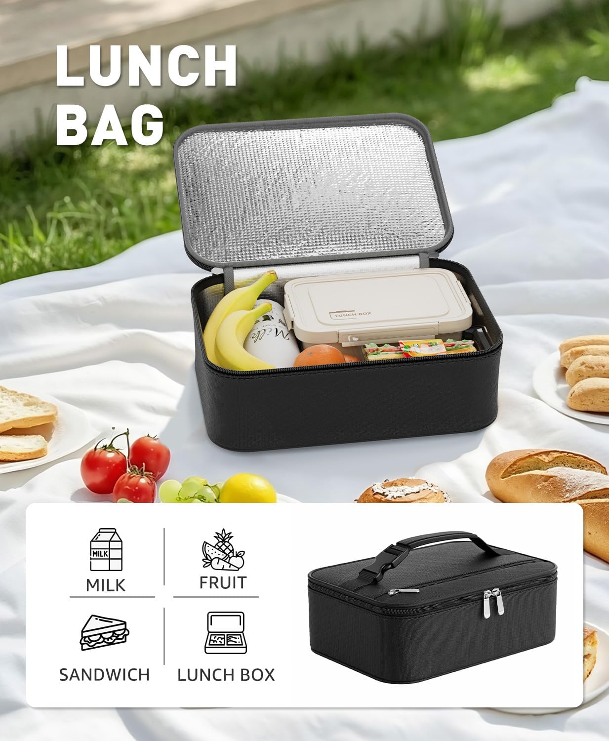 Skiennix Insulated Lunch Box - Compact Portable Thermal Meal Cooler Bag for Work & School | Black, 5L